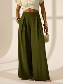 SHEIN Tall Quần ống rộng màu trơn tối giản, thời trang công sở, phù hợp cho nữ giới, đi làm. - xanh quân đội - Xem 6
