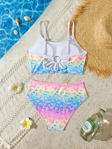 SHEIN Tween Girl Ombre & Heart Graphic Tankini Swimsuit - Multicolor - View 3