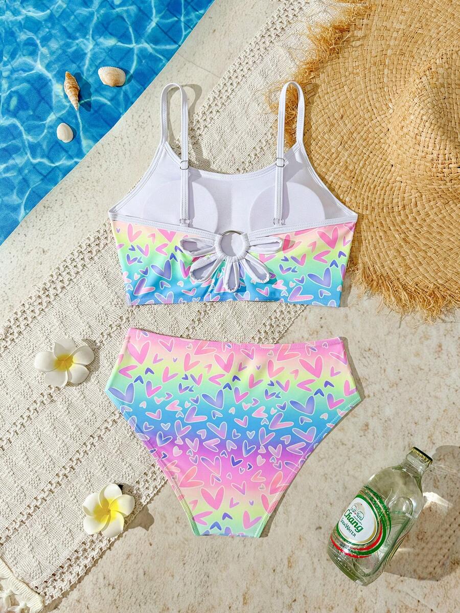 SHEIN 少女渐变爱心图案吊带泳衣 - 彩色 - 查看 1