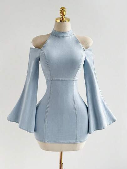 SHEIN 紧身迷你露肩宽袖牛仔连衣裙