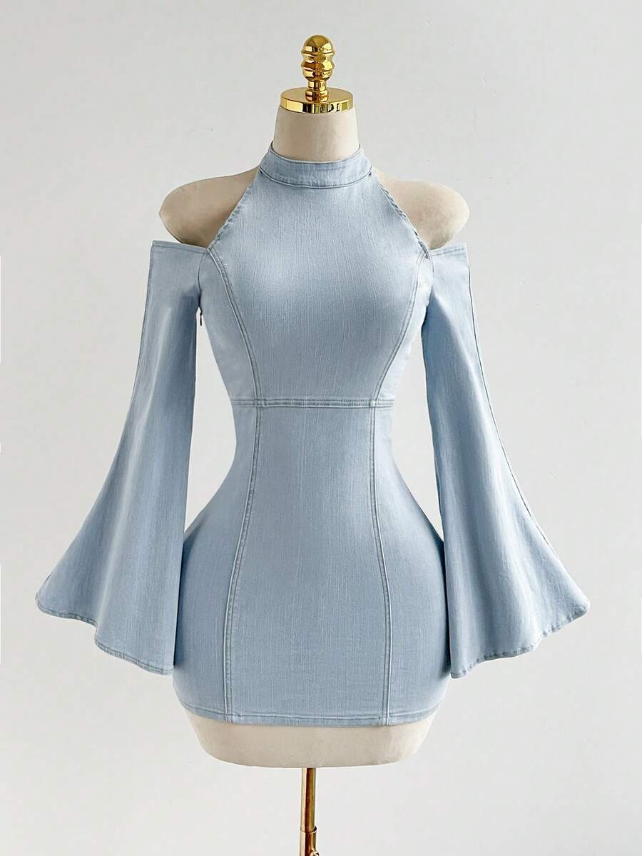 SHEIN Tight-Fitting Mini Off-Shoulder Wide-Sleeve Denim Dress - Blue - View 1