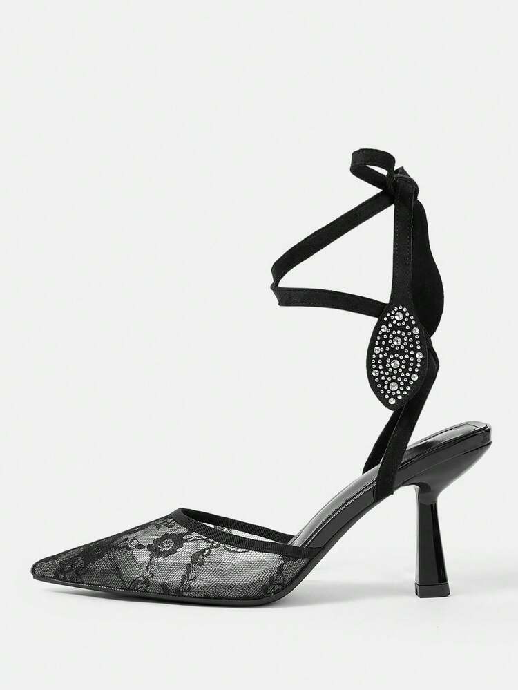 CUCCOO HITCHD Women's Shoes Pointed Black Mesh Lace Rhinestone Cross Strap Temperament Wedding Season Valentine's Day Date Wear Stiletto High Heels Shoes