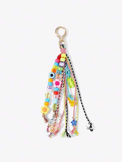 Viva Strut 1 pièce Porte-clés pendentif sac à fleurs mignon avec franges, perles et corde tressée. Accessoire de sac pendentif en corde tressée pour le DIY.
