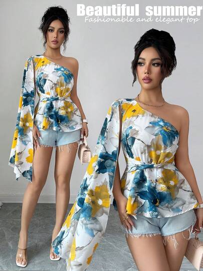 Elenzga Áo kiểu nữ dáng chữ A, in họa tiết tie-dye, thanh lịch, mang đến cảm giác nghỉ dưỡng, vai lệch, tay dài xòe rộng, eo thon.
