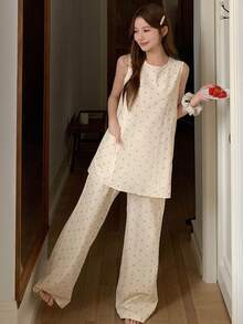 DAZY Women's Minimalist Comfortable Floral Pocket Top And Casual Lounge Pants Pajama Set Summer - Beige - View 8