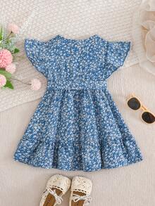 Cozy Pixies Vestido de manga corta con estampado floral azul ditsy lindo para bebé niña, conjunto a juego de mamá e hija (2 piezas se venden por separado) - Azul - Ver 2