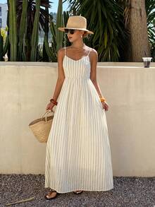 Livesso Đầm midi không tay kẻ sọc màu trắng, 100% cotton, thích hợp cho mùa xuân và mùa hè. - Màu be - Xem 4