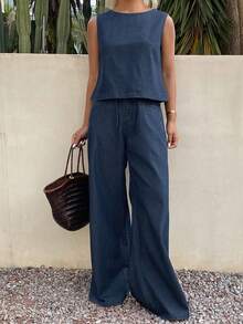 Livesso Women's Cotton Casual Round Neck Short Sleeve Top And Loose Fit Jeans Set, Suitable For Spring And Summer - Dark Wash - View 7