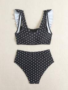 Swim Basics Bộ đồ bơi nữ mùa hè thanh lịch tối giản màu đen trắng chấm bi, áo dây bèo nhún xếp ly phía trước và quần tam giác cạp cao xếp ly. Bộ bikini cạp cao chấm bi, đồ bơi cạp cao, bộ bikini chấm bi hai mảnh. - Đen và trắng - Xem 7
