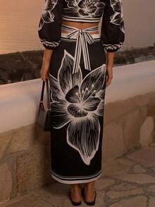 CAJUNI Elegant Black Maxi Skirt With Wrap Design And Maxi Floral Print. - Black - View 2