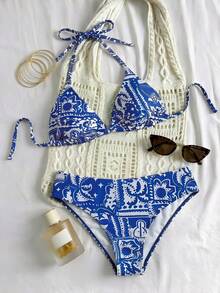 Swim Mod Plus Size Blue & White Printed Halter Drawstring Back Tie Triangle Top & High Waist Bottom Swimwear Set,Summer Boho Bachelorette Party Beach Holiday - Blue and White - View 1