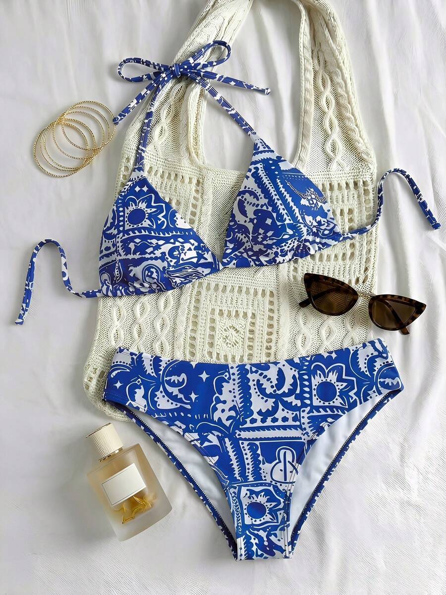Swim Mod Plus Size Blue & White Printed Halter Drawstring Back Tie Triangle Top & High Waist Bottom Swimwear Set,Summer Boho Bachelorette Party Beach Holiday - Blue and White - View 1