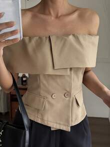 Livesso 杏色露肩荷叶边上衣，优雅百搭，适合情人节、婚礼、办公、通勤等场合，短袖女式衬衫，春夏款 - 卡其色 - 查看 7