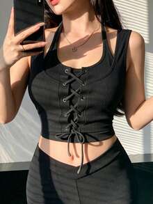 FRIFUL 女士二合一罗纹面料交叉前系带修身吊带背心 夏季 - 黑色 - 查看 2
