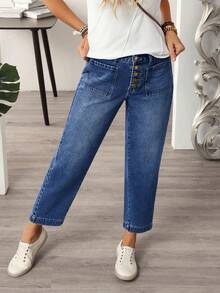 EMERY ROSE Plus Size Women Pockets Button Casual Versatile Daily Wear Denim Jeans - Dark Wash - View 5