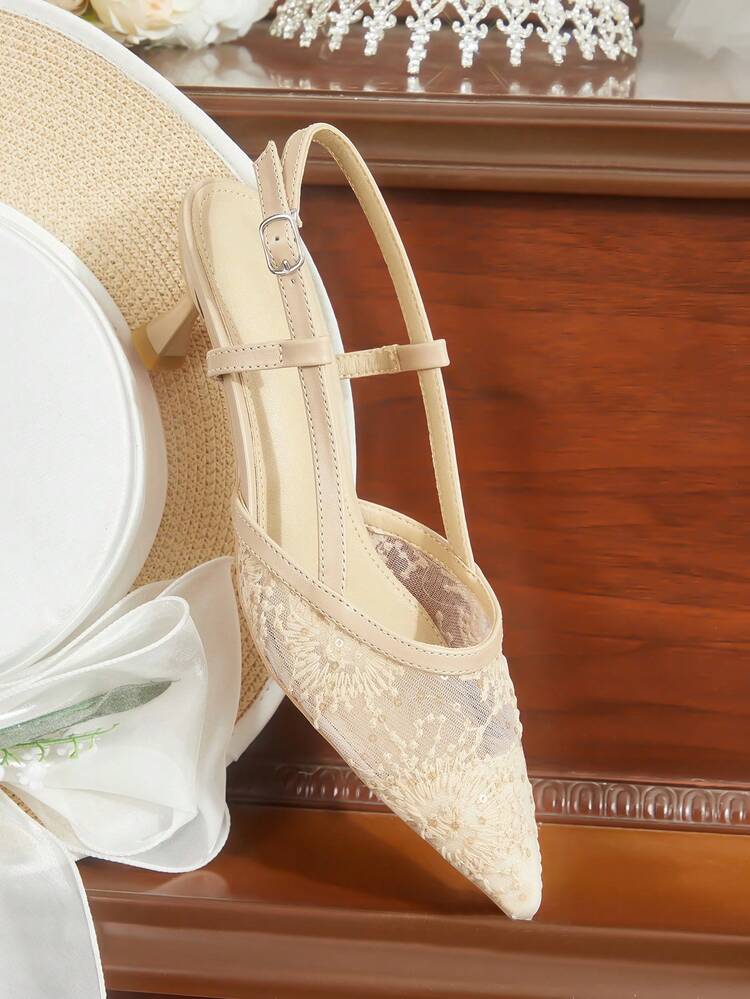 CUCCOO HITCHD Women Shoes Women's Apricot Lace Mesh Wedding Shoes Bridesmaids Pointy Rear Thin Banquet High Heels