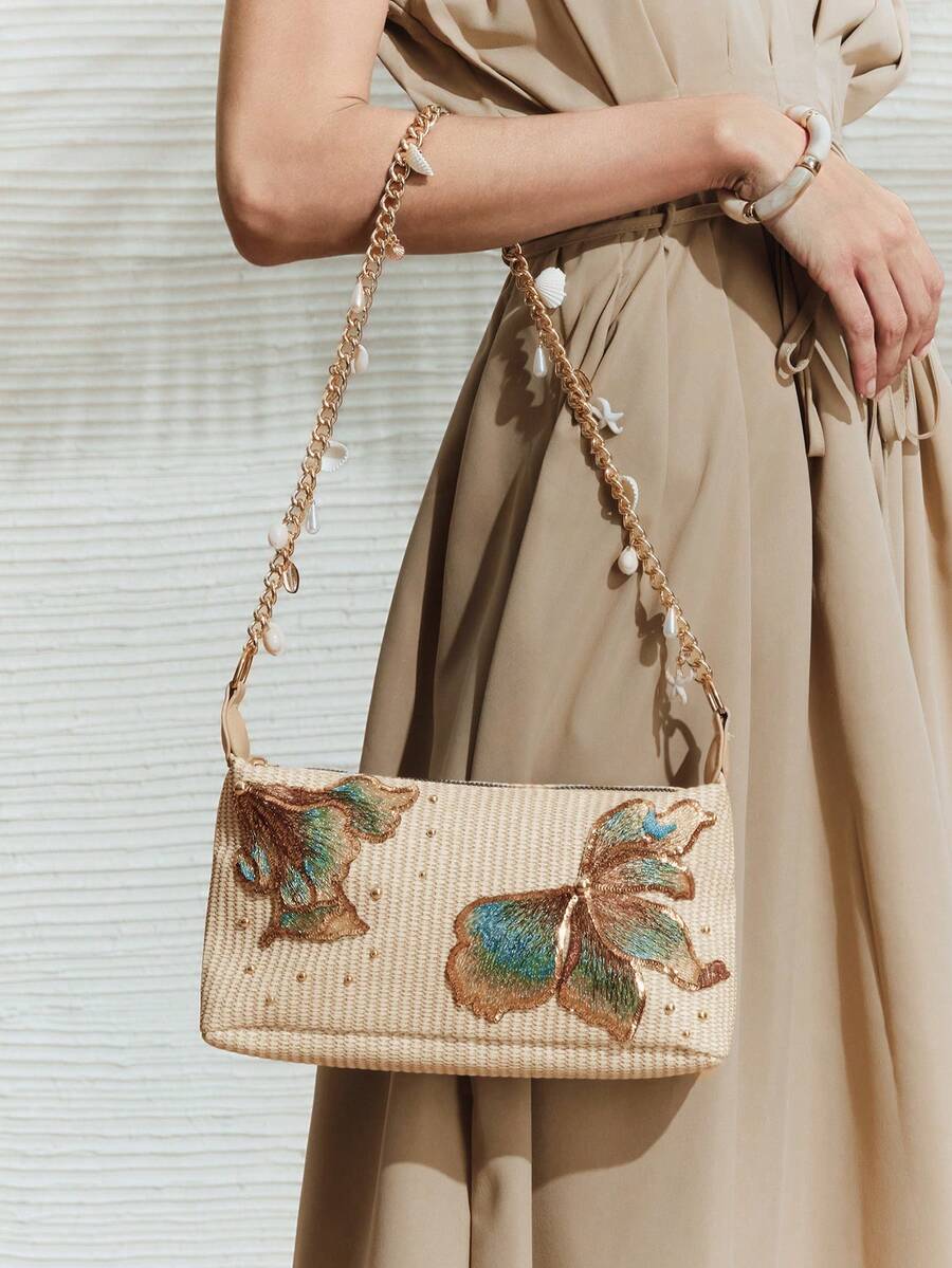 SHECARRY 1 Túi đeo vai bằng da PU kiểu đảo nhiệt đới đính sequin hoa, trang trí sao và vỏ sò, túi xách đi biển cho kỳ nghỉ hè và du lịch (Các mặt dây chuyền nhỏ được đựng trong túi riêng để tự làm). - Màu Khaki - Xem 1