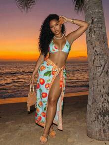 BamGleam Women's Light Blue Fruit Print Tie Waist Skirt, Boho Summer Beach Vacation Holiday Hawaiian, Sexy Party - Multicolor - View 1