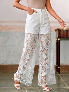 Anewsta Hollow Lace Rhinestone Embellished Straight Leg Jeans - White - View 4