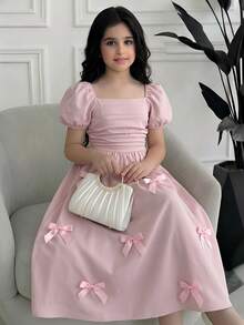 Girlism 少女优雅粉色蝴蝶结花瓣袖连衣裙，夏季 - 粉色 - 查看 7