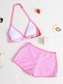 SHEIN Teenager Mädchen Bikini-Set mit Blume Muster und Kontrastbesatz am Neckholder, modisch, lässig, süß für den Urlaub - Pink - Übersicht 6