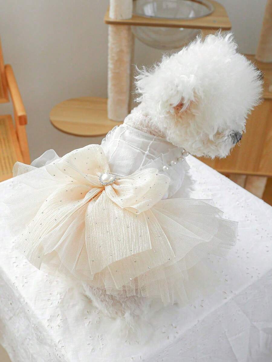 1pc Pet Dress, Small/Medium Dog & Cat Clothes, Princess Tulle Wedding Dress-Style Costume - Beige - View 1