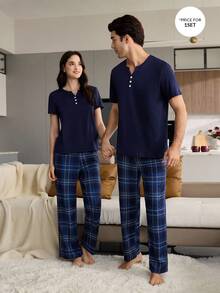 CoupledUp Set Piyama Pria Kasual Kerah V Kancing Lengan Pendek Motif Kotak-kotak - Navy Blue - View 6
