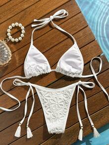 Swim Mod Bộ bikini hai mảnh cổ yếm tam giác họa tiết hoa dành cho nữ, màu trắng, có tua rua, thích hợp cho các buổi tiệc bể bơi và thư giãn. - trắng - Xem 5