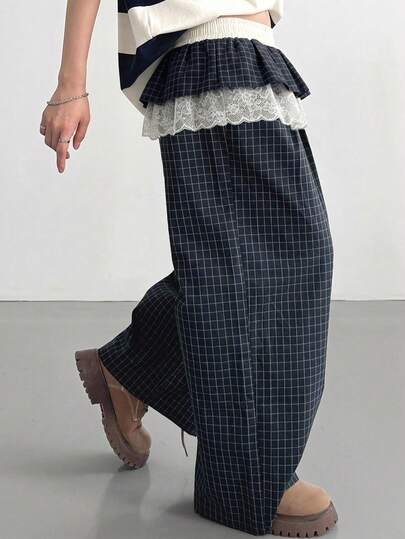 FRIFUL Women's Contrast Color Elastic Waist Drawstring Plaid Straight Pocket Casual Pants, Autumn