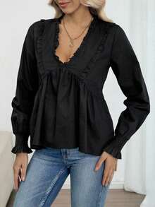 Louniche Women's Casual Versatile Slimming Solid Color Linen Deep V Bubble Long Sleeve Blouse, Spring/Autumn - Black - View 6