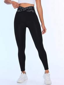 Easithlete Easithlete Letter Printed High Waist Elastic Yoga Pants With Butt Lift For Fitness - Black - View 5