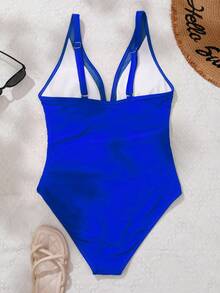 SHEIN Swim Summer Beach Mesh Insert Deep V-Neck One-Piece Swimsuit Carnival - Royal Blue - View 2
