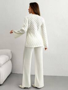 EURMUSE Casual V Neck Hollow Out Button Down Front Slit Cardigan & Wide Leg Solid Color High Waist Plain Pattern 2 Pieces Knit Set For Fall Winter - Apricot - View 3