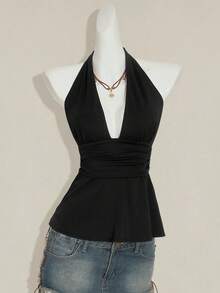 SHEIN PETITE CURVE قميص كاميسول صيفي مريح للنساء ذوات الأحجام الكبيرة، بلون أحادي، مطوي الخصر، ظهر مكشوف، رباط أمامي - الأسود - مشاهدة 4