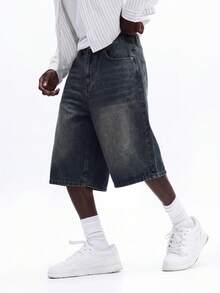 SUMWON Men's Distressed Denim Jorts Wide Leg Knee Length Shorts Casual Summer Streetwear Vintage Washed Oversized Fit - Blue - View 3