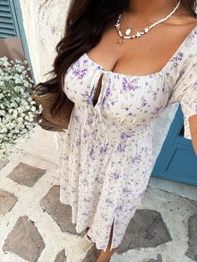 Sunnyshic Plus Size Romantic Boho Ditsy Floral Elastic Waist Fitted Short Sleeve Maxi Dress, Spring/Summer Tea Party White - White - View 8