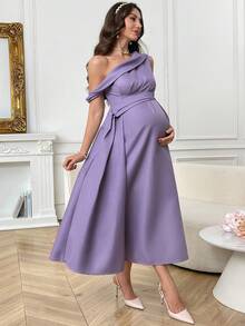 SHEIN 孕妇时尚纯色度假斜肩褶皱优雅连衣裙 - 紫色 - 查看 11