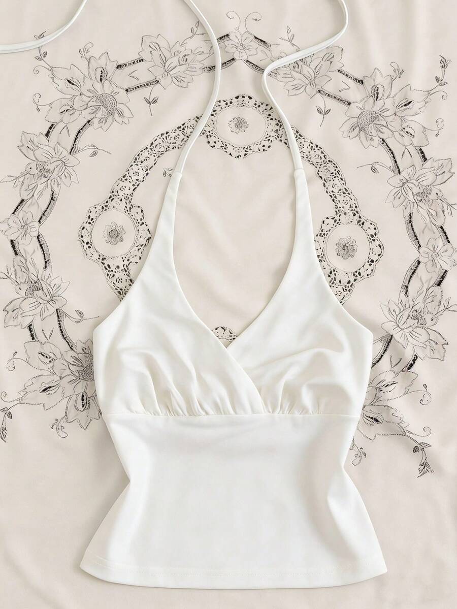 女士纯色褶皱挂脖系带吊带背心，适合度假和约会等各种场合 - 白色 - 查看 1