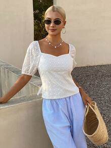 Livesso Blusa de algodón blanco con cuello cuadrado, mangas con volantes y lazo delantero para mujeres, primavera y verano - Blanco - Ver 4