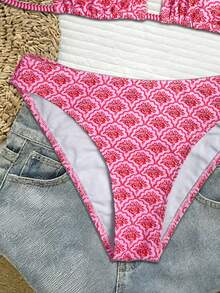 Swim Vcay Set Bikini Wanita Musim Semi/Panas untuk Festival Musik Pantai, Motif Bunga, Model Halter dengan Cup Segitiga, 2 Potong - Berwarna merah muda - View 5