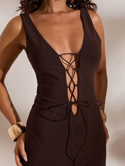 Opulessa Vestido sin espalda de unicolor para mujeres, adecuado para vacaciones de primavera/verano