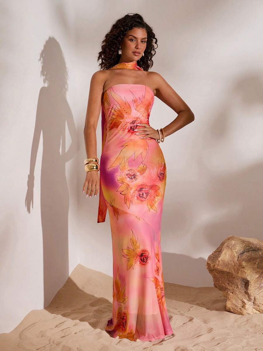 Opulessa 女士修身针织网眼印花连衣裙，适合春夏度假穿着 - 彩色 - 查看 1