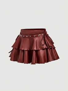 SHEIN MOD 女士休闲抽绳系结双层蛋糕裙，PU材质 - 酒紅色 - 查看 3