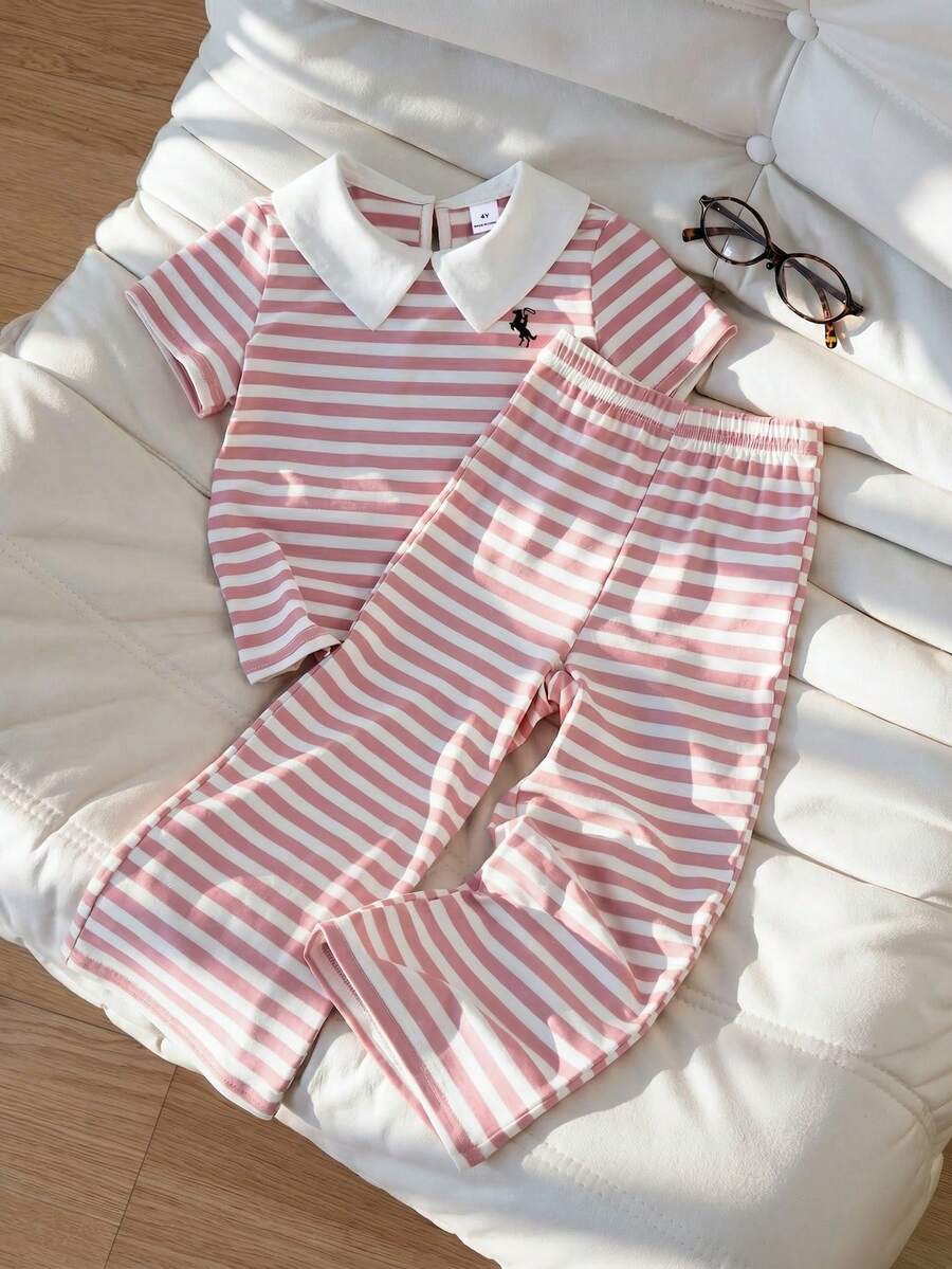 SHEIN Elladie kids Conjunto de 2 piezas para niñas pequeñas Casuvi: Polo de manga corta a rayas + Pantalones de pierna ancha de punto, estilo casual retro americano, adecuado para uso diario en primavera/verano - Rosa - Ver 1