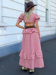MainGRL Bộ đồ 2 mảnh dành cho nữ, áo crop top tay phồng kẻ caro đỏ trắng và chân váy mini xẻ cao xếp ly, thích hợp cho các lễ hội âm nhạc, kỳ nghỉ, tiệc tùng, hẹn hò vào mùa xuân và mùa hè. - Đỏ và trắng - Xem 2