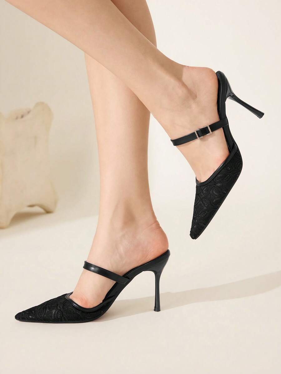 CUCCOO CHICEST 尖头透气网眼镂空时尚气质百搭性感仙女优雅宴会黑色高跟鞋 - 黑色 - 查看 1