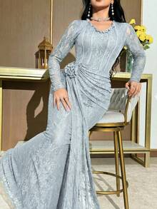 Modelyn 女士优雅蕾丝3D立体花卉装饰中长连衣裙，春夏款 - 藍色 - 查看 4