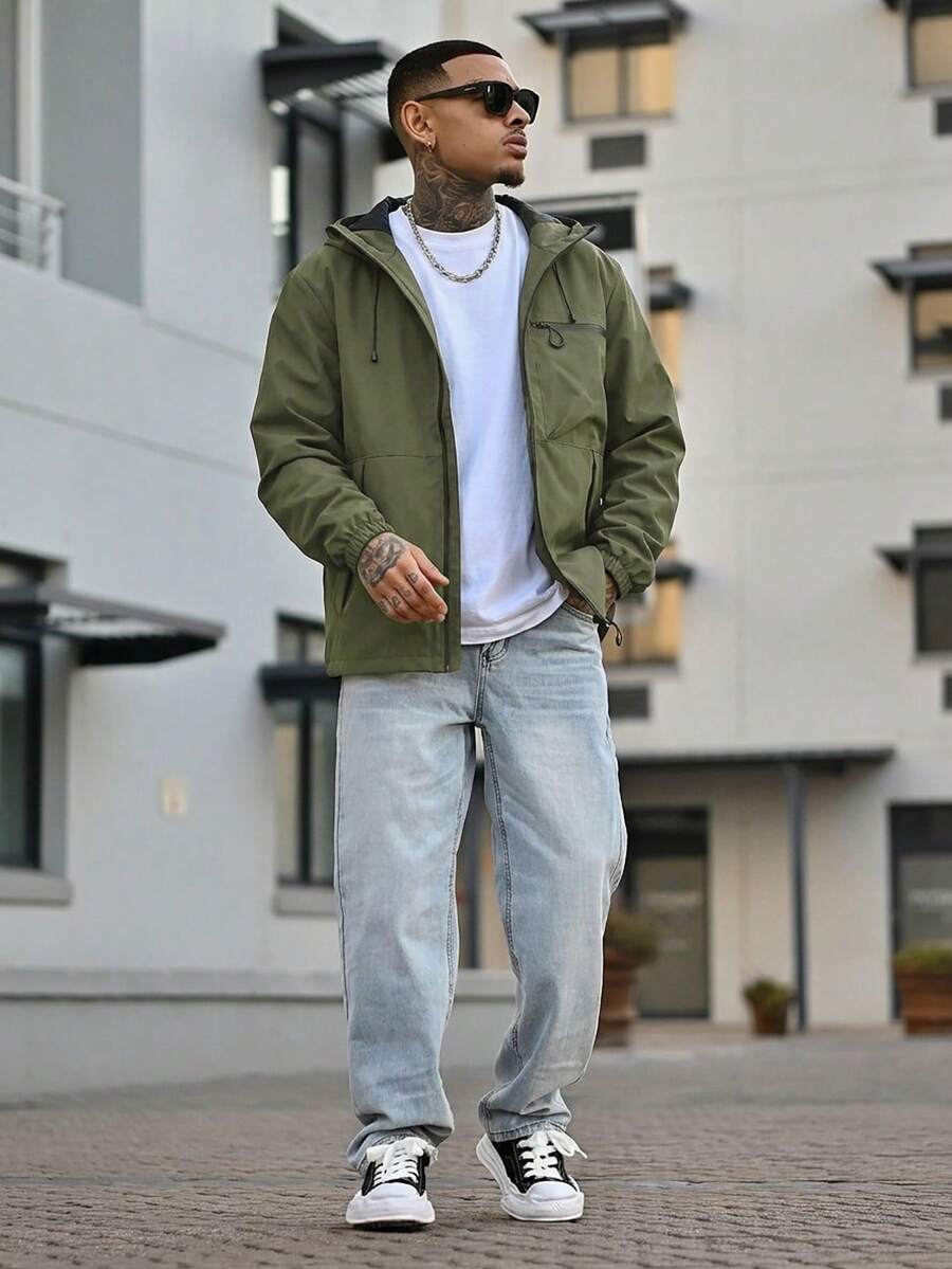 Devon Thys 男士连帽抽绳软壳防风夹克，运动休闲两相宜，正面大口袋，侧边拉链口袋，适合日常穿着，百搭流行款。