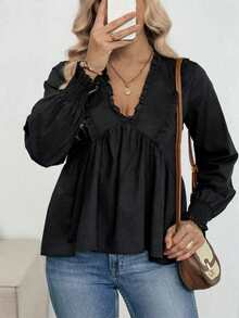 Louniche Women's Casual Versatile Slimming Solid Color Linen Deep V Bubble Long Sleeve Blouse, Spring/Autumn - Black - View 3