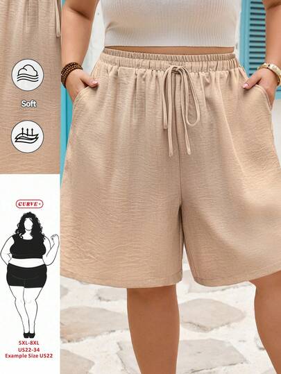 SHEIN CURVE+ Quần short kaki dáng rộng thoải mái, dễ phối đồ dành cho nữ cỡ lớn, cạp chun, kiểu dáng tối giản, thích hợp cho hoạt động ngoài trời, dáng suông, mùa hè kiểu châu Âu, sân bay, phong cách bohemian, kỳ nghỉ, phong cách cổ điển sang trọng, quần short thoải mái, quần short rộng rãi, quần short Bermuda.